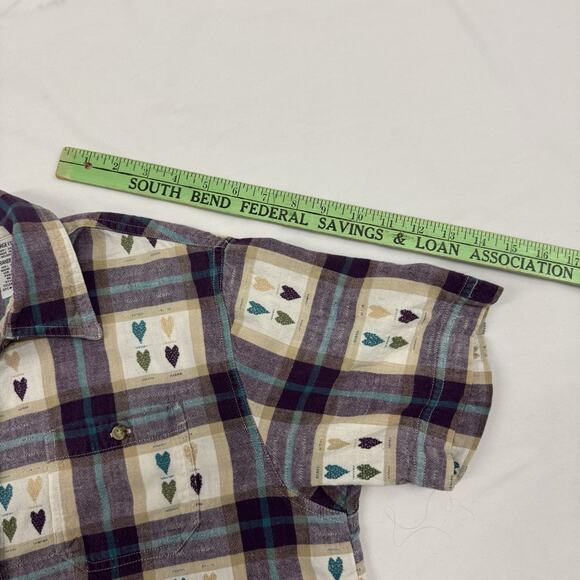 Vtg Cottagecore Heart Plaid Short Sleeve Button Up Grandma Teacher Purple Large - Picture 6 of 7